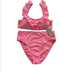 Cabana Del Sol Bikini Set with Pink Ruffle Top  High Waist Bottom Ruched Sides